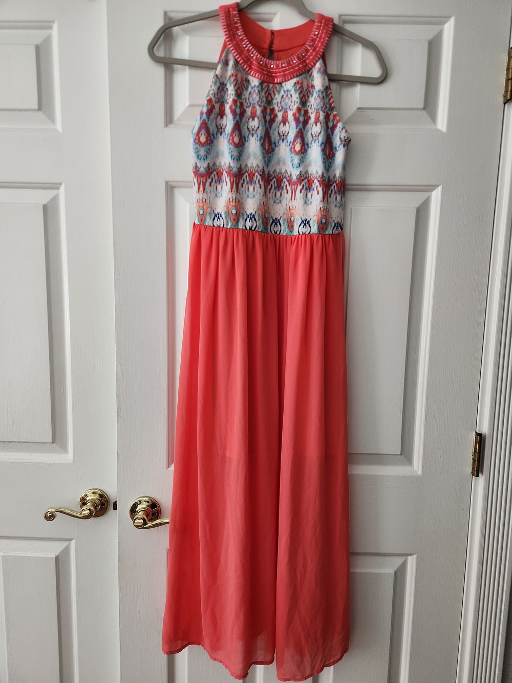 Amy's Closet Girl's Coral Halter Maxi Summer Dress with Beaded Trim, Size 16